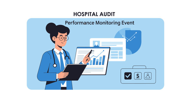 Hospital Data Analysis Illustration Shows Medical Professional Evaluating Performance Indicators