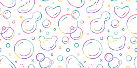 Fototapeta premium Seamless pattern with Rainbow soap bubbles, various shapes and colorful outlines. Iridescent transparent spheres. Trendy modern vector illustration on light background, flat design