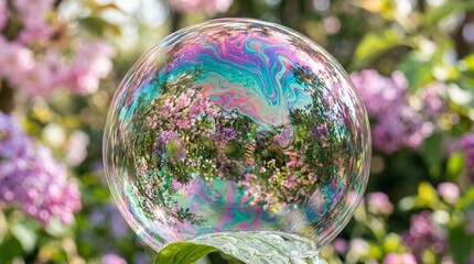Fototapeta premium Iridescent Soap Bubble Reflecting Garden Flowers