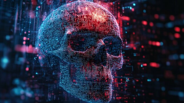 Futuristic digital skull with binary code in blue and red neon lights