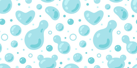 Seamless pattern with Blue water bubbles and drops. Trendy modern vector illustration on light background, hand drawn, flat design
