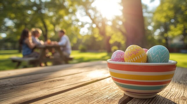 Colorful decorated Easter eggs in a striped bowl on a wooden picnic table with people enjoying a sunny outdoor gathering in a park