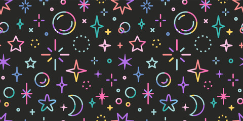 Seamless pattern with neon star, sparkle and soap bubbles in bright colors. Decorative elements for festive and magical design. Trendy modern vector illustration on black background