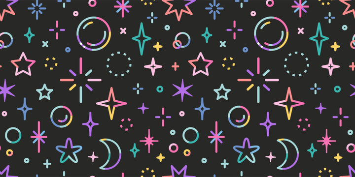 Seamless pattern with neon star, sparkle and soap bubbles in bright colors. Decorative elements for festive and magical design. Trendy modern vector illustration on black background