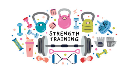 Round composition with Strength training equipment like barbell, kettlebell and dumbbells. Gym fitness gear. Trendy modern vector illustration isolated on white background, hand drawn, flat design
