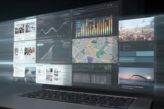 A futuristic laptop displays a dynamic interface with graphs and cityscapes