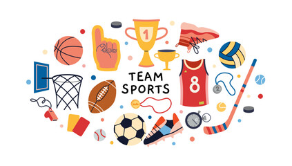 Round composition with Team sports equipment with balls, trophy and uniform. Basketball, soccer and hockey elements. Trendy modern vector illustration isolated on white, hand drawn, flat design © WinWinFolly