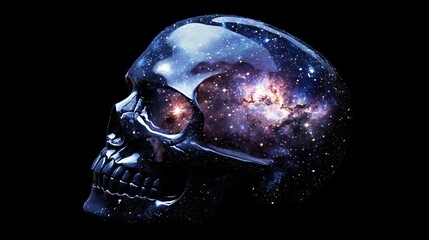 Fototapeta premium Cosmic skull art with celestial nebula and stars on black background