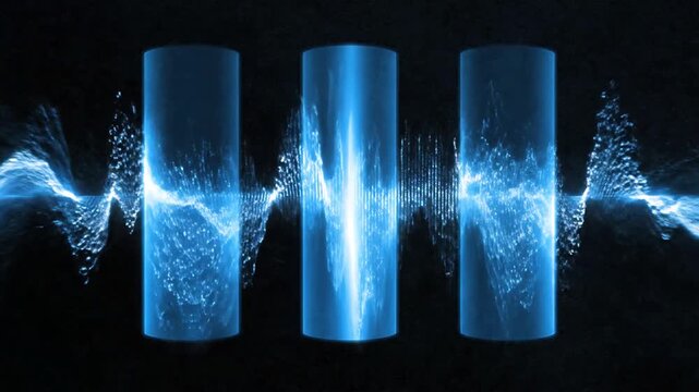 Digital animation of three glowing blue pillars with pulsating sound waves on a dark background.