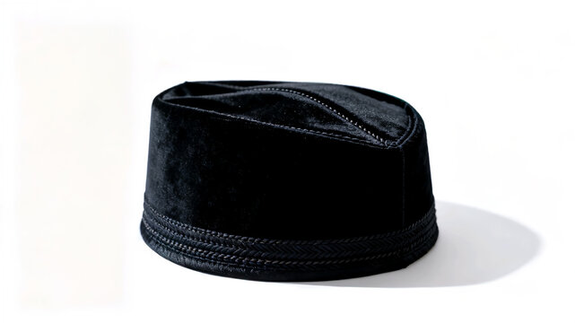 A classic plain black velvet songkok or peci, a traditional headwear commonly worn by Muslim men in Southeast Asia.