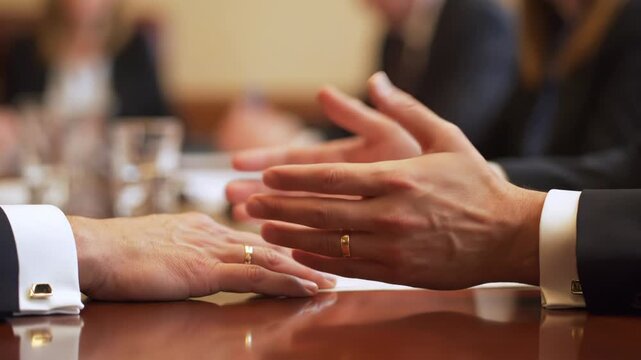 Two people shaking hands over a table with a business agreement or partnership