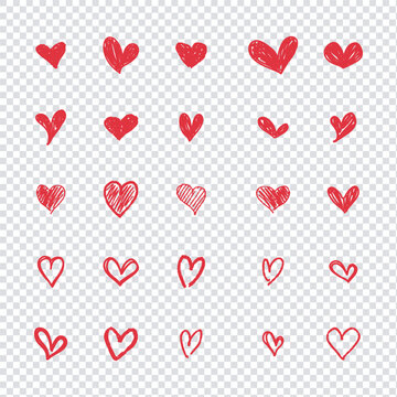 Red hearts grawing collection set, outlines hearts vector illustration