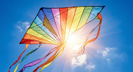 Fototapeta premium Colorful rainbow kite flying in bright blue sky on sunny day 