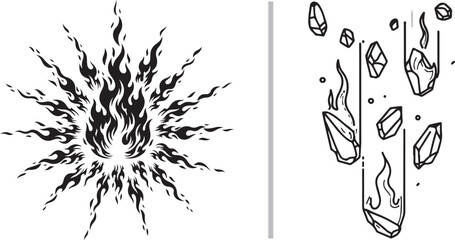 A detailed line art vector featuring a backpack with survival gear compartments and a pair of professional binoculars. Perfect for hiking, camping, and outdoor adventure themes. © reza