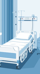 Fototapeta premium Hospital Room Depiction Featuring Bed, Monitoring Equipment, and Sterile Medical Environment