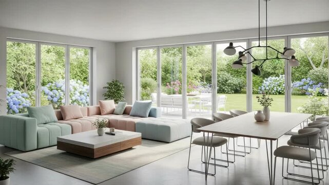 Modern interior living room with large windows and garden view