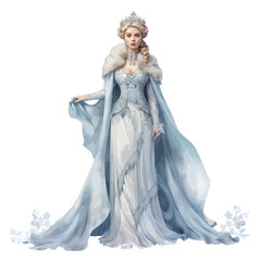 Naklejka premium Watercolor Illustration of an Ice Queen in a Blue Gown and Fur Cape