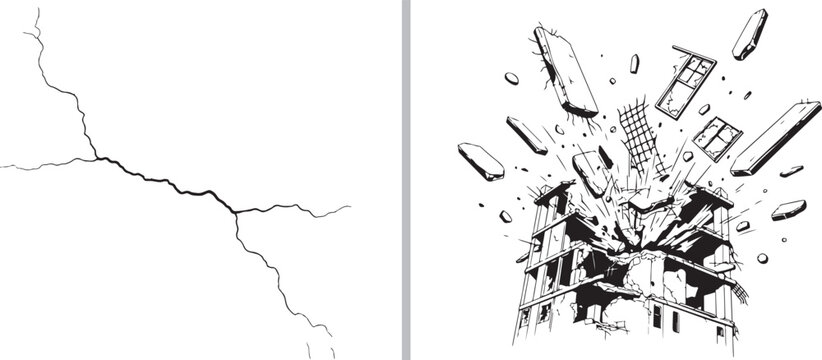 A technical line art vector showing a building undergoing a violent explosive collapse with debris flying outward, paired with a detailed graphic of a spreading structural surface crack.