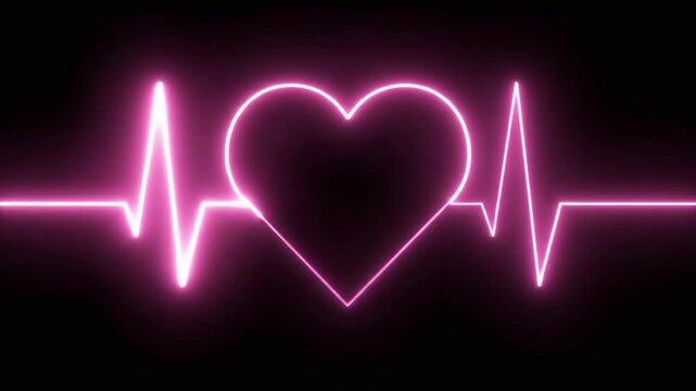 Glowing pink heart superimposed on a neon heartbeat line against black