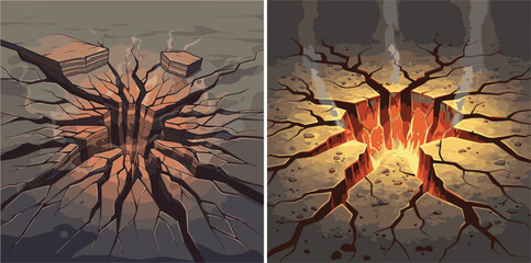 A dramatic vector illustration of a massive, glowing impact crater in a parched wasteland, with steam or smoke rising from deep, fiery orange cracks in the earth's surface. © reza