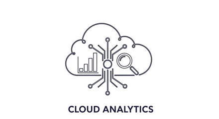 Obraz premium Minimalist cloud data analytics line icon with data charts and magnifying glass