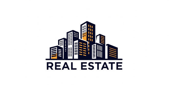 Real estate logo featuring a cityscape representing property and investment opportunities.