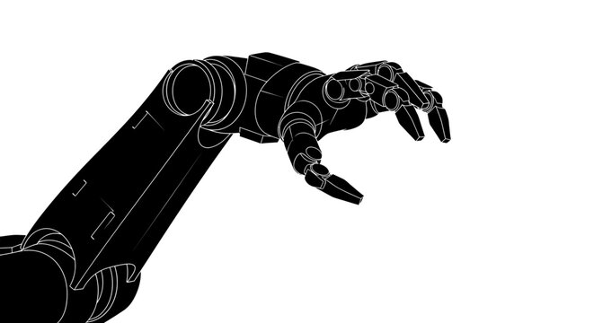 Robotic arm with metal fingers extended.