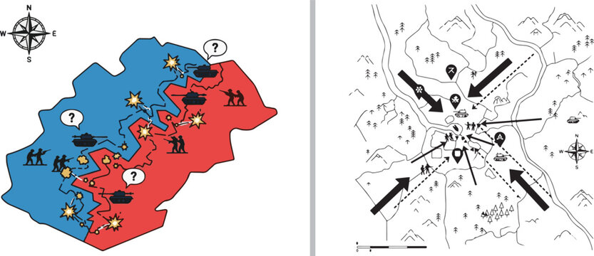 Vector graphic featuring two military strategy maps: on the left, a blue and red colored battle map with unit icons, and on the right, a topographical line drawing with tactical movement arrows.