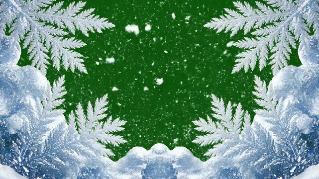 White icy ferns and frost patterns frame a vibrant green background