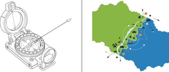 A technical line art vector featuring a professional lensatic compass with a sighting wire and a colorful topographical map indicating terrain and water. Ideal for navigation and hiking themes. © reza