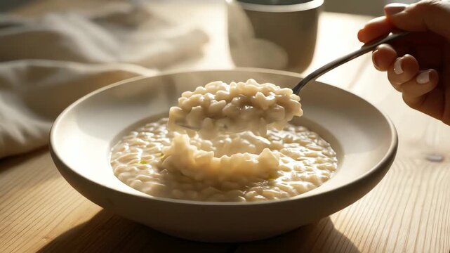 Close up of a bowl of porridge with spoon