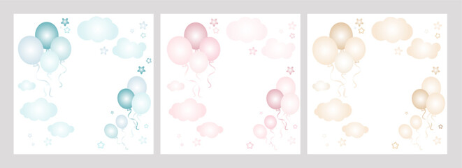 Balloons with clouds and stars in blue, pink and beige or neutral colors. Baby illustration in pastel pink, blue end beige colors. Cute drawing template for newborn shower, kid birthday, gender party.