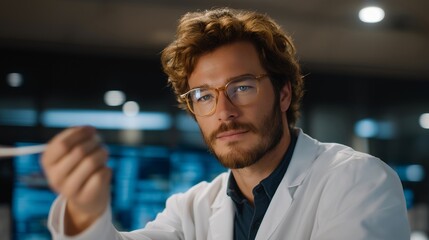 Obraz premium Scientist in laboratory discovering cure while glowing with superhero energy surrounded by breakthrough research data, perfect for research hero concept, scientific superpower, everyday heroism,