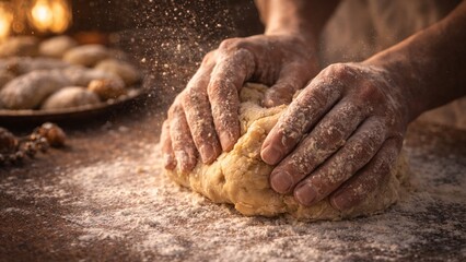 Hands making festive sweets with flour particles macro detail