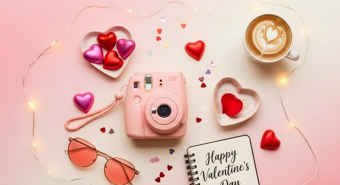 Valentine's Day flat lay with pink camera and heart decorations