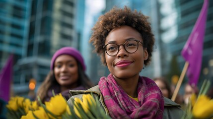 Obraz premium International Women Day celebration with diverse women holding spring flowers and purple banners in a sunny city street, perfect for March holiday, female empowerment, gender equality, spring