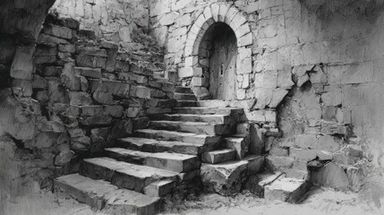 Obraz premium Ancient stone staircase leading to arched doorway