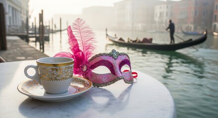 Venetian carnival mask and coffee by canal with gondola