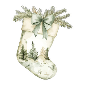 Watercolor Illustration of a Sage Green Christmas Stocking with Pine Tree Patterns and a Ribbon Bow