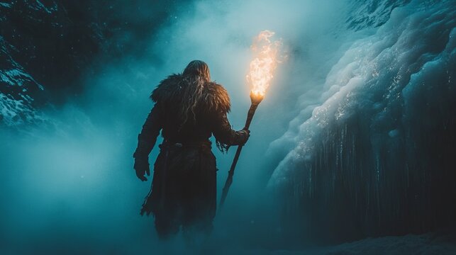 Mysterious viking warrior exploring ice cave with torch