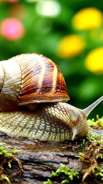 Snail Crawling on Mossy Log in Garden.
