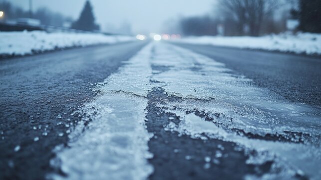 Snowy icy winter road with blurry background