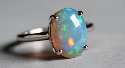 Opal birthstone ring photographed in clean minimal composition with soft lighting. Suitable for birthday campaign, jewelry ecommerce, and personalized accessory marketing.