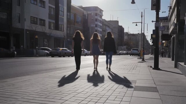 Three women walking down city street together.