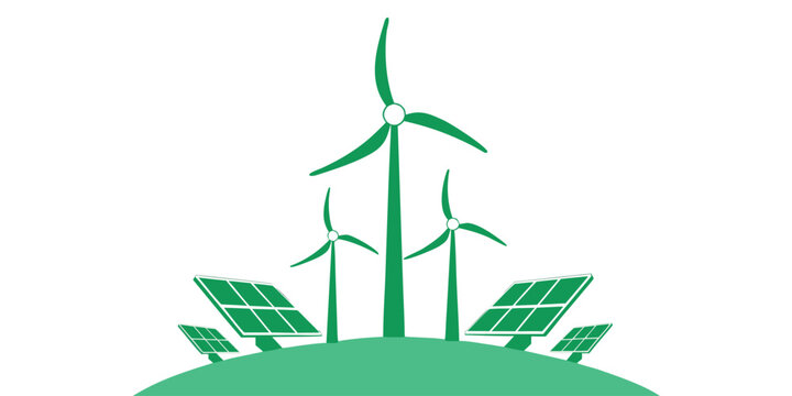 Minimalist sustainable energy illustration with wind turbines and solar panels on a green horizon.
