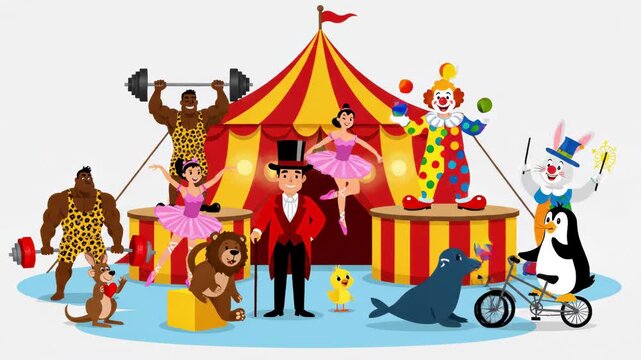 A colorful cartoon illustration of a circus scene with various animals and performers gathered around a big top tent on a white background