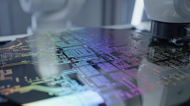 Close-up of robotic arm inspecting a silicon wafer with colorful circuit patterns
