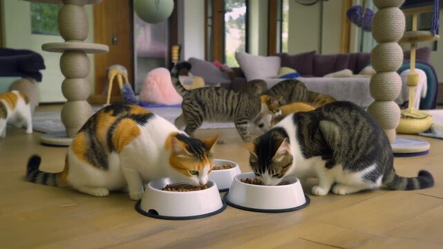 Multiple Cats Eating from Bowls Indoors.