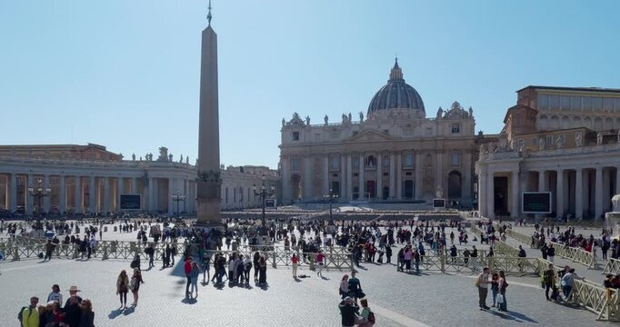 Crowd of people gathering in Piazza San Pietro of Vatican City to listen to pope speech during the eastern religious holidays, aerial slow motion shot