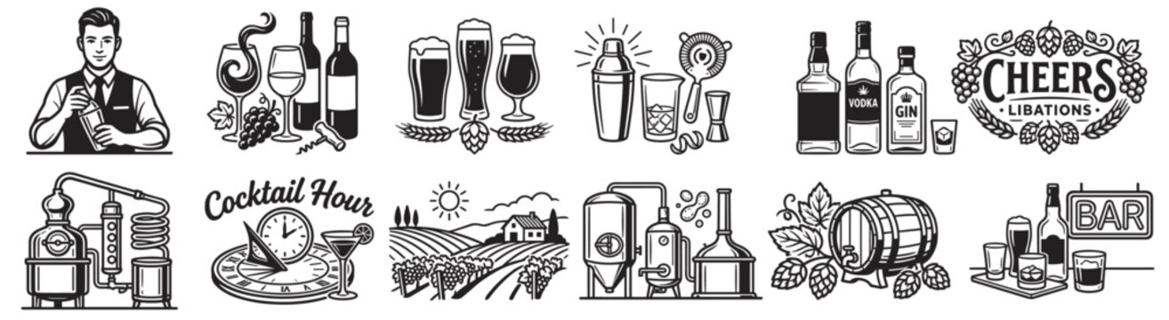 bar and alcohol vector icon set, cocktail beer wine whiskey vodka gin bottles glasses bartender and distillery elements isolated on transparent background